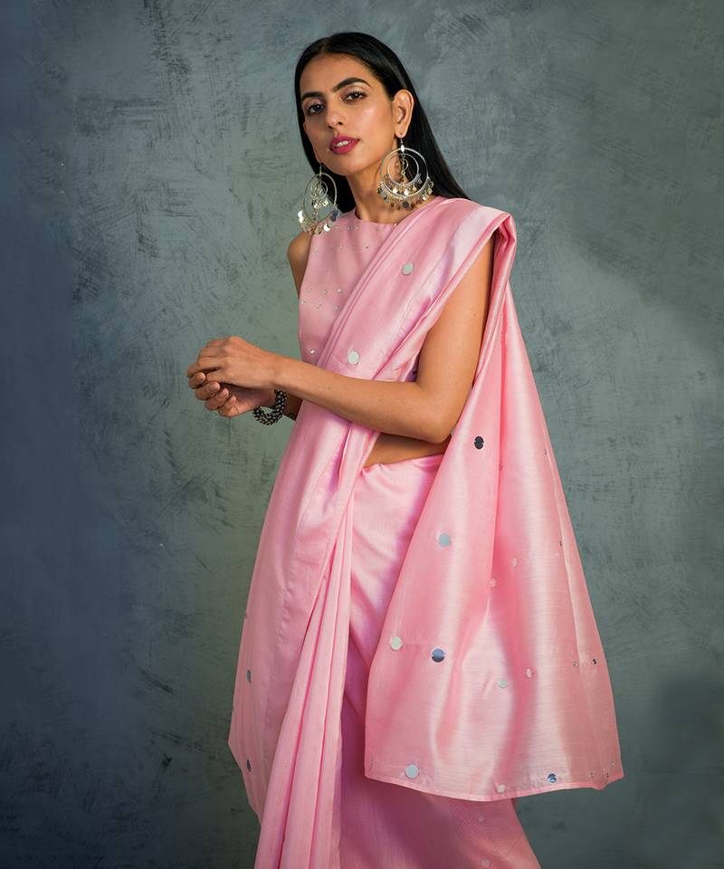 Pink Chanderi Saree With Sleeveless Blouse 
