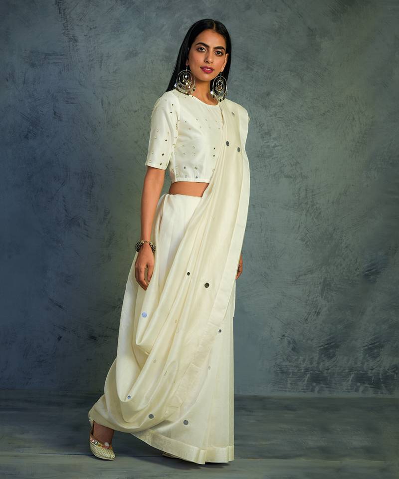 Chanderi Off-white Saree With Full sleeve Blouse 