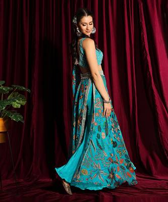 Turquoise Silk Saree With Blouse 4