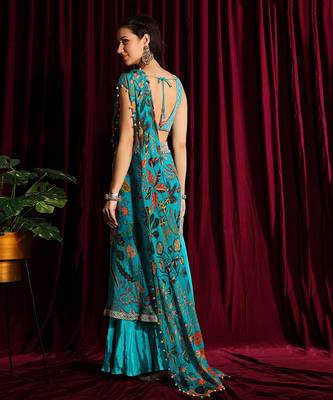 Turquoise Silk Saree With Blouse 5