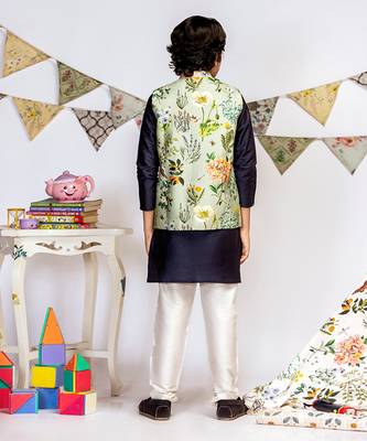 PS Kids by Payal Singhal Aqua Printed Silkmul Bandi with Navy Cotton Silk Kurta and Off white Cotton Silk Churidar 5