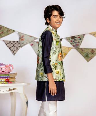 PS Kids by Payal Singhal Aqua Printed Silkmul Bandi with Navy Cotton Silk Kurta and Off white Cotton Silk Churidar 6