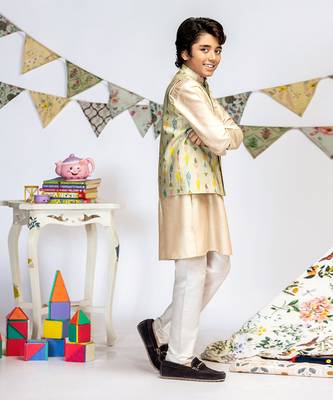 PS Kids by Payal Singhal Green Printed Silkmul Bandi with Stone Cotton Silk Kurta and Off white Cotton Silk Churidar 5