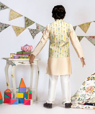 PS Kids by Payal Singhal Green Printed Silkmul Bandi with Stone Cotton Silk Kurta and Off white Cotton Silk Churidar 6