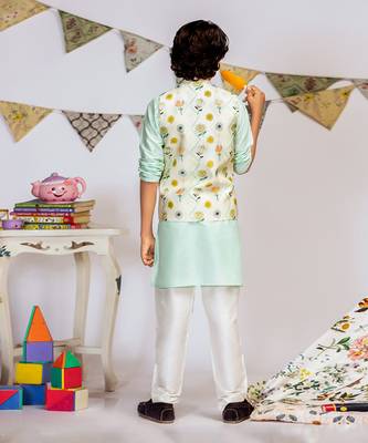 PS Kids by Payal Singhal Cream Printed Silkmul Bandi with Aqua Cotton Silk Kurta and Off white Cotton Silk Churidar 5