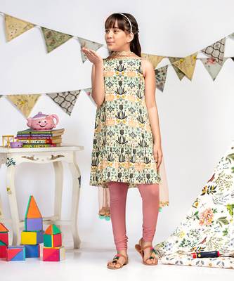 PS Kids by Payal Singhal Cream Printed Crepe Kurta with Rose Pink Soft Net Churidar and Net Dupatta 5