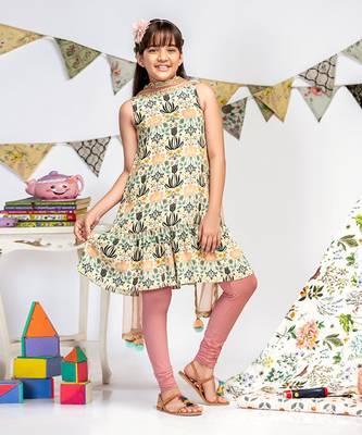 PS Kids by Payal Singhal Cream Printed Crepe Kurta with Rose Pink Soft Net Churidar and Net Dupatta 6