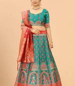 Light-turquoise jacquard jacquard semi stitched lehenga