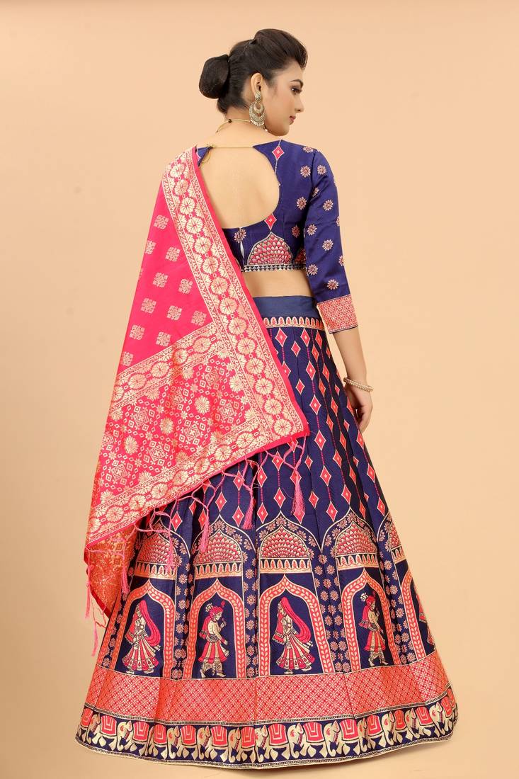 Blue jacquard jacquard semi stitched lehenga