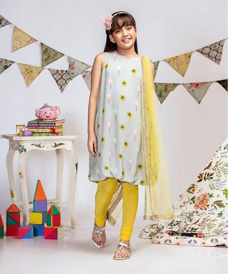 PS Kids by Payal Singhal Grey Printed Crepe Balloon Kurta with Yellow Soft Net Churidar and Net Dupatta 5