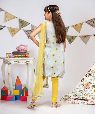 PS Kids by Payal Singhal Grey Printed Crepe Balloon Kurta with Yellow Soft Net Churidar and Net Dupatta 6