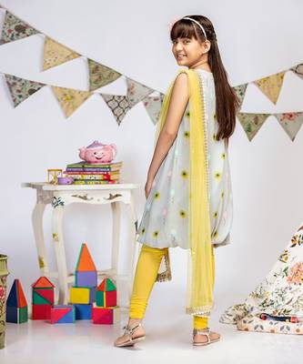 PS Kids by Payal Singhal Grey Printed Crepe Balloon Kurta with Yellow Soft Net Churidar and Net Dupatta 7
