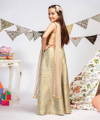 PS Kids by Payal Singhal Blush Brocade Choli with Mint Brocade Lehenga and Blush Mukaish Net Dupatta 5