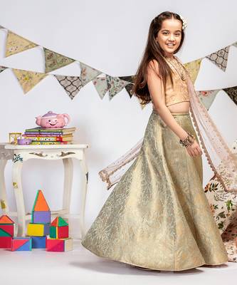 PS Kids by Payal Singhal Blush Brocade Choli with Mint Brocade Lehenga and Blush Mukaish Net Dupatta 6