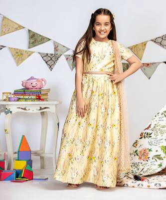 PS Kids by Payal Singhal Pale Yellow Printed Dupion Silk Choli with Lehenga and Rose Pink Mukaish Net Dupatta 1