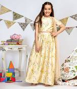 PS Kids by Payal Singhal Pale Yellow Printed Dupion Silk Choli with Lehenga and Rose Pink Mukaish Net Dupatta