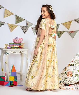 PS Kids by Payal Singhal Pale Yellow Printed Dupion Silk Choli with Lehenga and Rose Pink Mukaish Net Dupatta 3