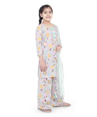 PS Kids by Payal Singhal Lavender Colour Printed Cotton Kurta with Palazzo and Aqua Colour Net Dupatta for Girls 3