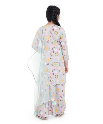 PS Kids by Payal Singhal Lavender Colour Printed Cotton Kurta with Palazzo and Aqua Colour Net Dupatta for Girls 4
