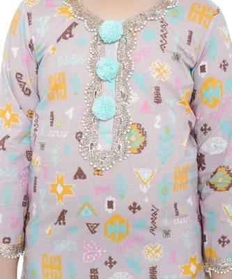 PS Kids by Payal Singhal Lavender Colour Printed Cotton Kurta with Palazzo and Aqua Colour Net Dupatta for Girls 5