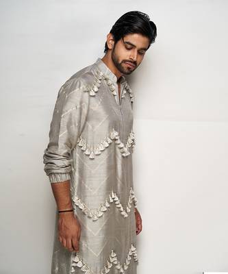 PS Men by Payal Singhal Aalim Grey Colour Banarasi Silk Bomber Kurta with Jogger Pants 3