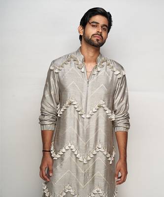 PS Men by Payal Singhal Aalim Grey Colour Banarasi Silk Bomber Kurta with Jogger Pants 4