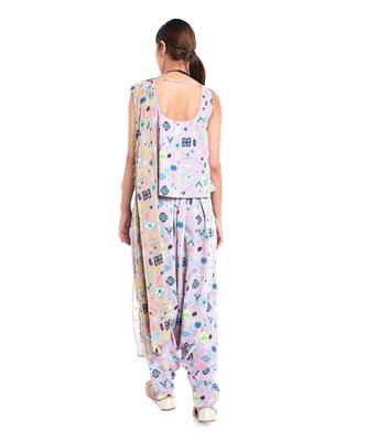 Lavender Lime Colour Printed Art Crepe Top and Low Crotch pant with Attached Art Georgette Drape Dupatta 3