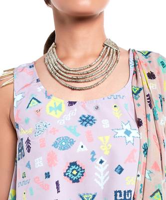 Lavender Lime Colour Printed Art Crepe Top and Low Crotch pant with Attached Art Georgette Drape Dupatta 4