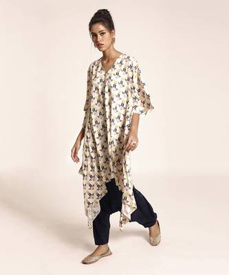PS Pret by Payal Singhal Cream Colour Printed Art Crepe Kurta with Navy Colour Art Crepe Low Crotch Pant 2
