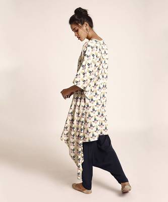 PS Pret by Payal Singhal Cream Colour Printed Art Crepe Kurta with Navy Colour Art Crepe Low Crotch Pant 3