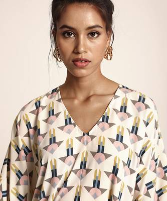 PS Pret by Payal Singhal Cream Colour Printed Art Crepe Kurta with Navy Colour Art Crepe Low Crotch Pant 4