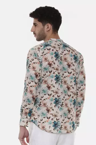 Blue Brown Floral Linen Shirt