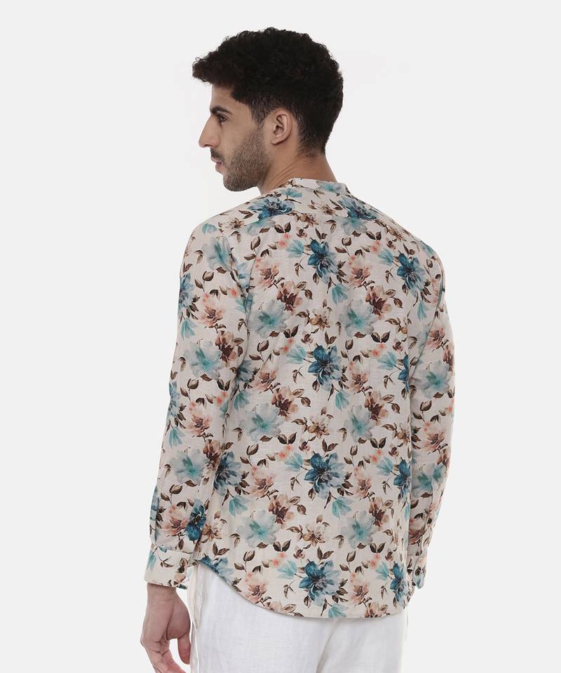 Blue Brown Floral Linen Shirt