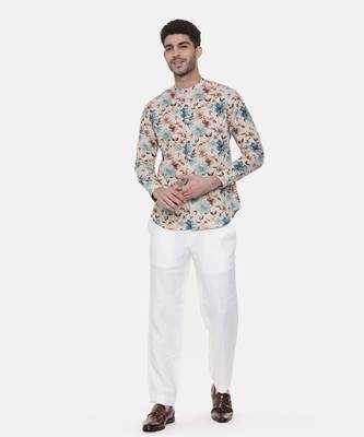 Blue Brown Floral Linen Shirt 1