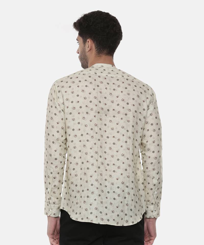 Beige Green Linen Printed Shirt