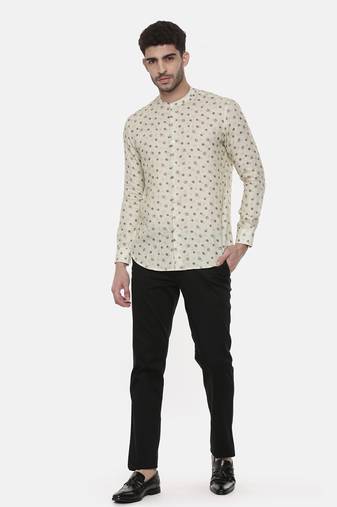 Beige Green Linen Printed Shirt