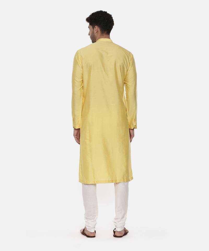 Yellow Embroidered Linen Silk Kurta