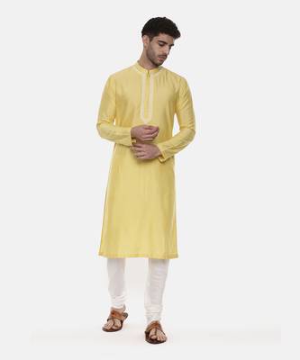 Yellow Embroidered Linen Silk Kurta 6