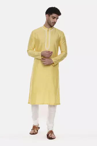 Yellow Embroidered Linen Silk Kurta