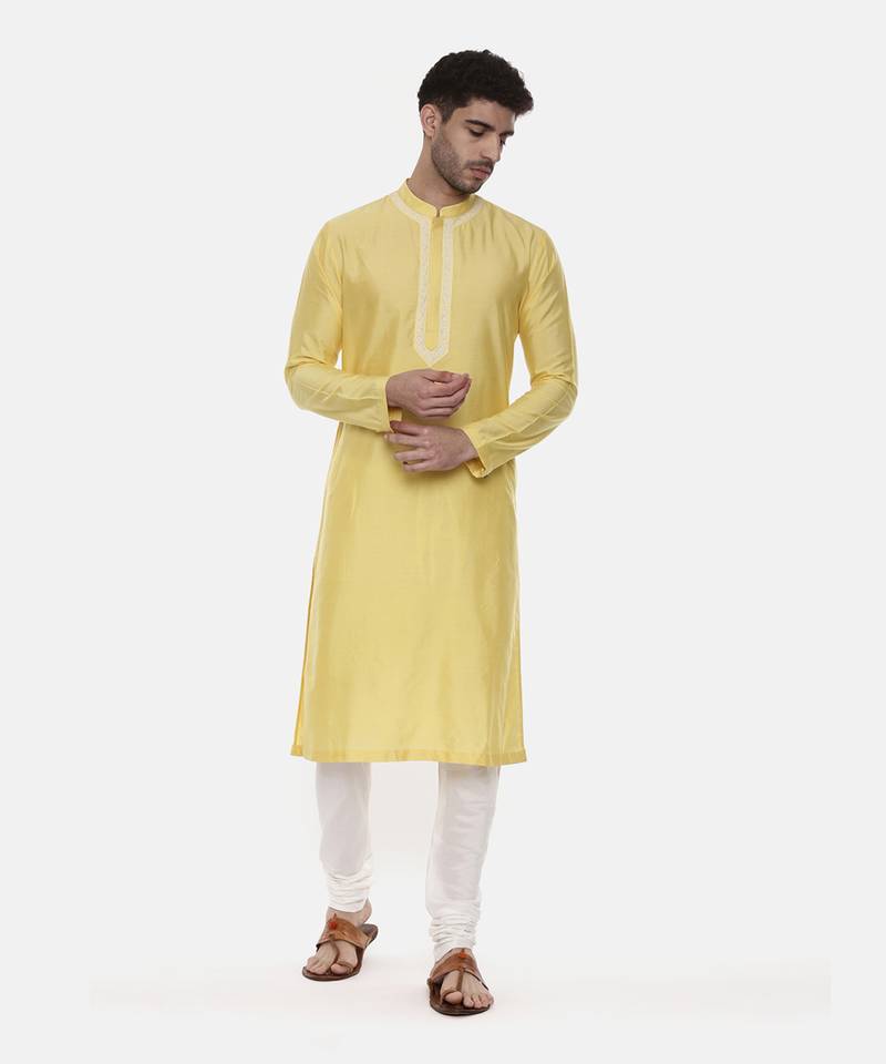 Yellow Embroidered Linen Silk Kurta