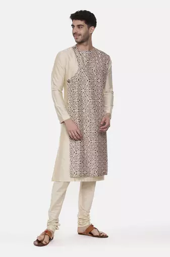 Beige Silk Printed Kurta