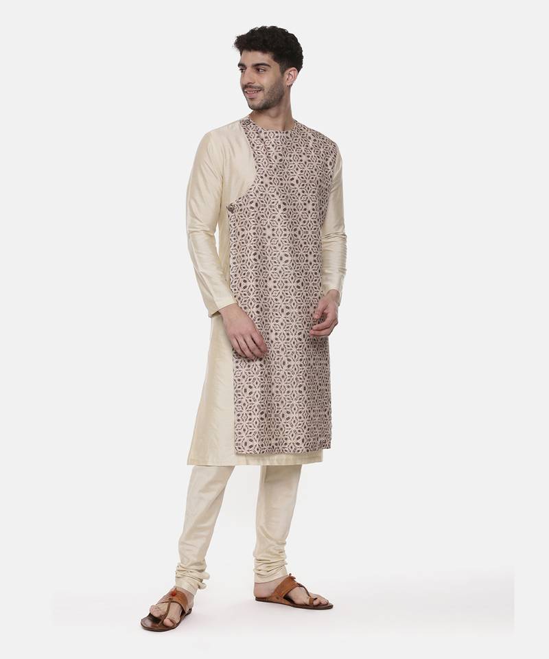 Beige Silk Printed Kurta