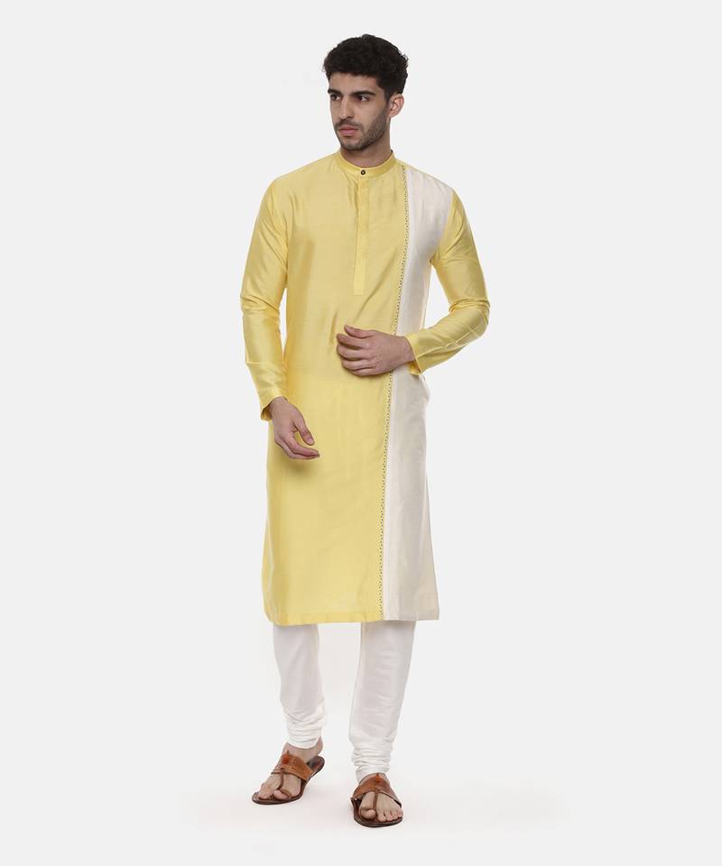 Yellow Ivory Embroidered Silk Kurta