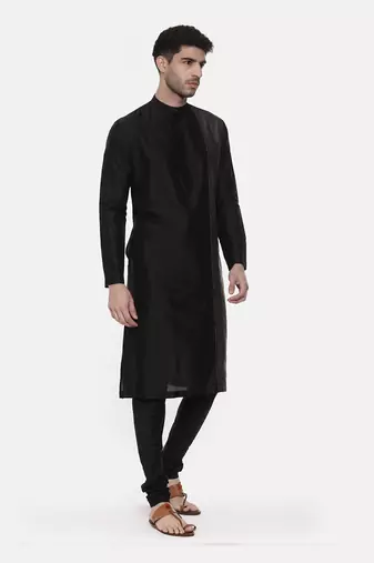 Black Grey Embroidered Silk Kurta