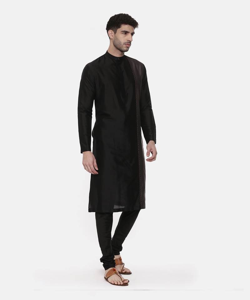 Black Grey Embroidered Silk Kurta