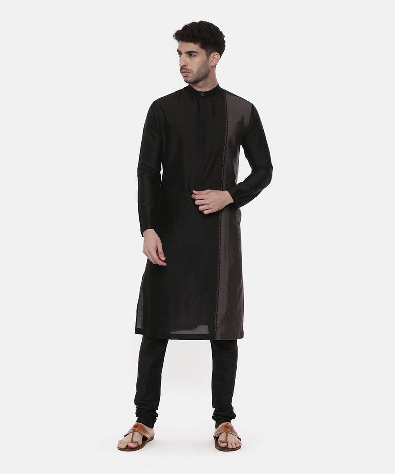 Black Grey Embroidered Silk Kurta