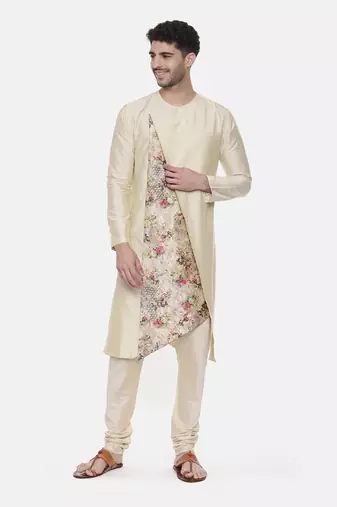 Beige Printed Silk Kurta