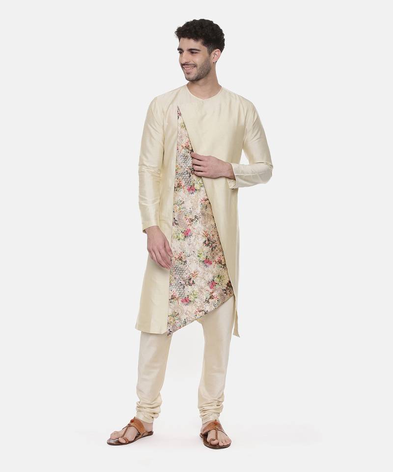 Beige Printed Silk Kurta