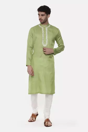 Green Embroiderd Linen Silk Kurta