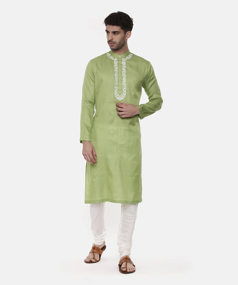 Green Embroiderd Linen Silk Kurta